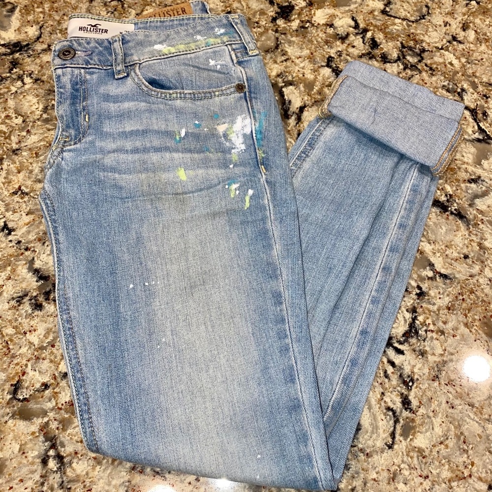 Hollister jeans with blue and green paint splatter